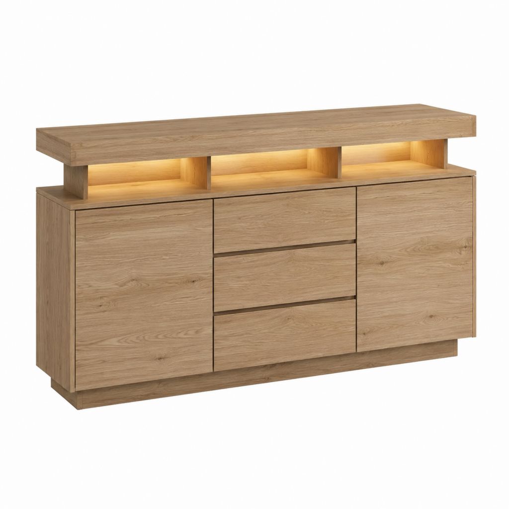 Buffet de salle à manger chêne clair en panneaux de particules 160 x 40 x 100 cm avec LED et rangements