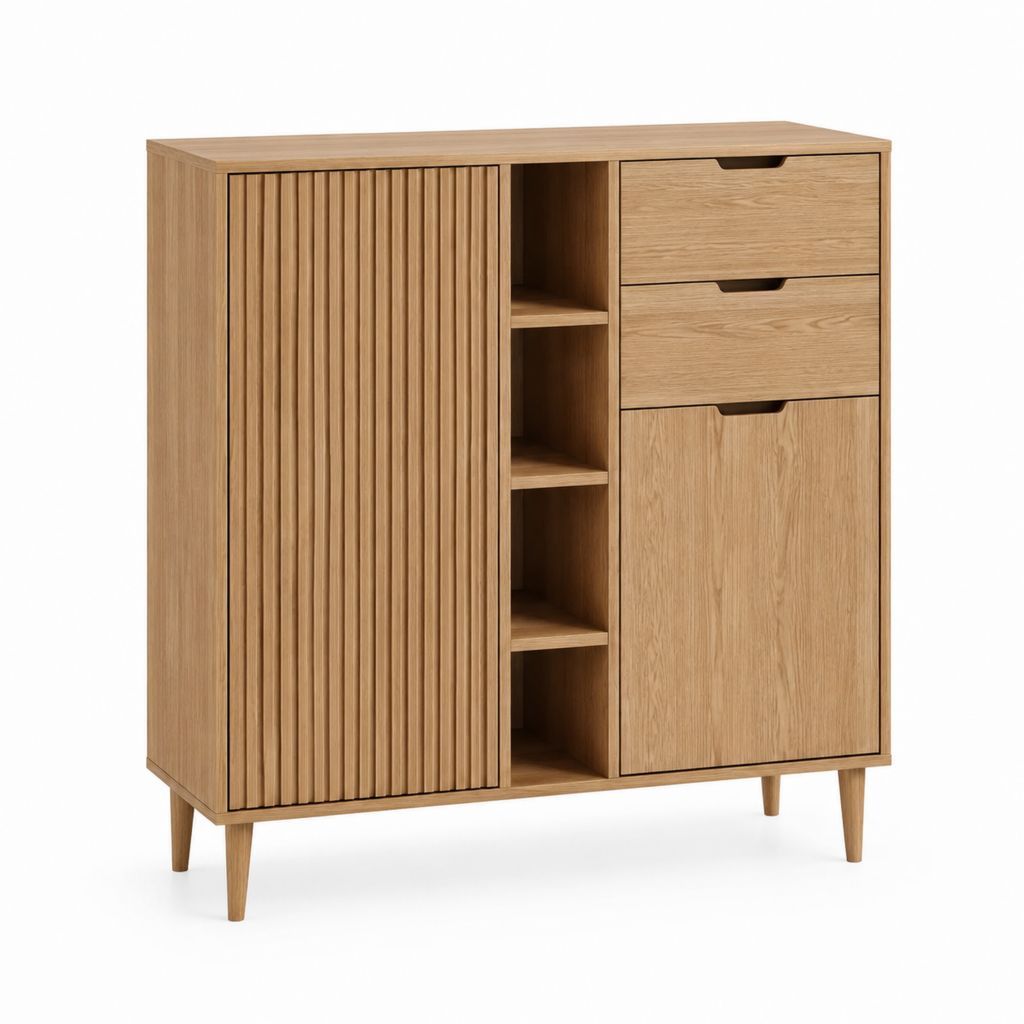 Buffet haut de rangement chêne clair en panneaux de particules rectangulaire 120 x 40 x 140 cm