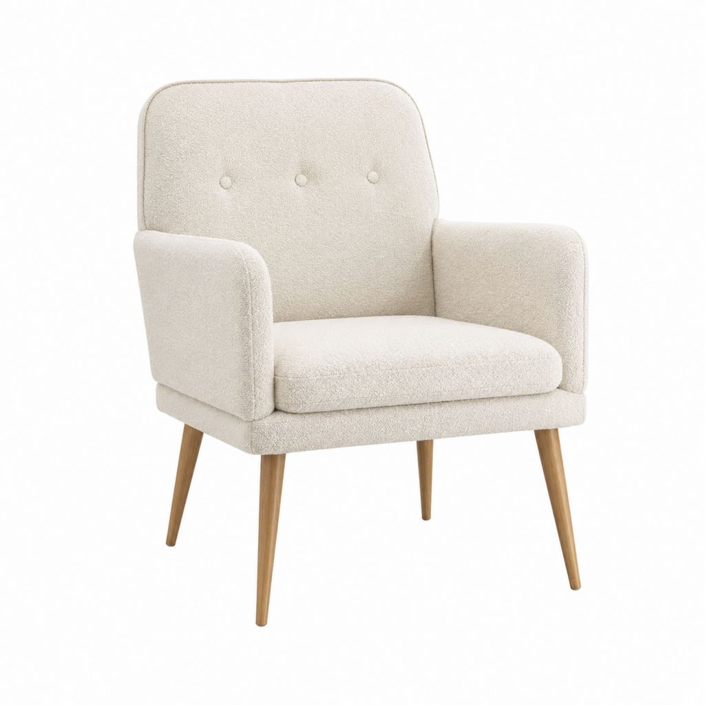 Fauteuil de salon beige en polyester bouclette avec pieds en bois d'hévéa 68 x 75 x 86 cm