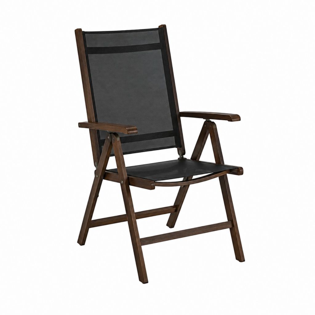Chaise de jardin pliante à accoudoirs marron et noir en bois massif d'acacia et textilène 55 x 61 x 108 cm