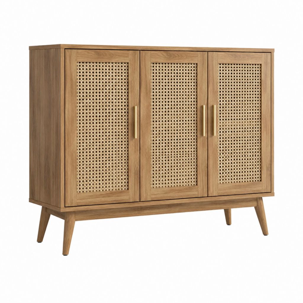 Buffet de salle à manger 3 portes marron en panneaux MDF plaqués bois et cannage rotin 120 x 40 x 90 cm