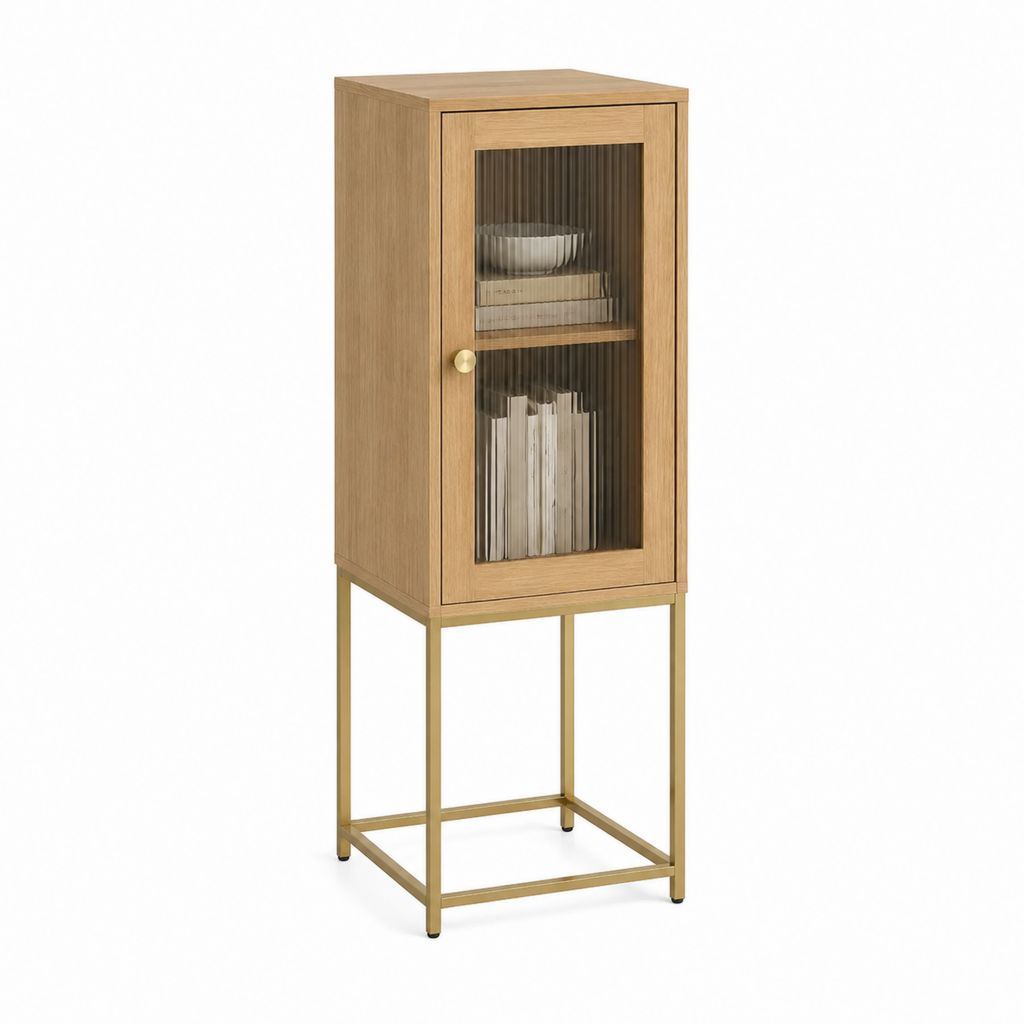 Vitrine buffet étroite en chêne clair et verre strié avec piètement acier doré 45 x 35 x 140 cm