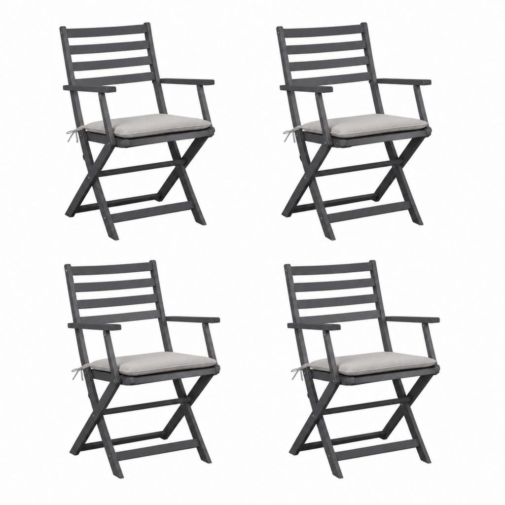 Lot de 4 chaises de jardin pliantes noires en bois massif avec coussins gris 54 x 58 x 88 cm