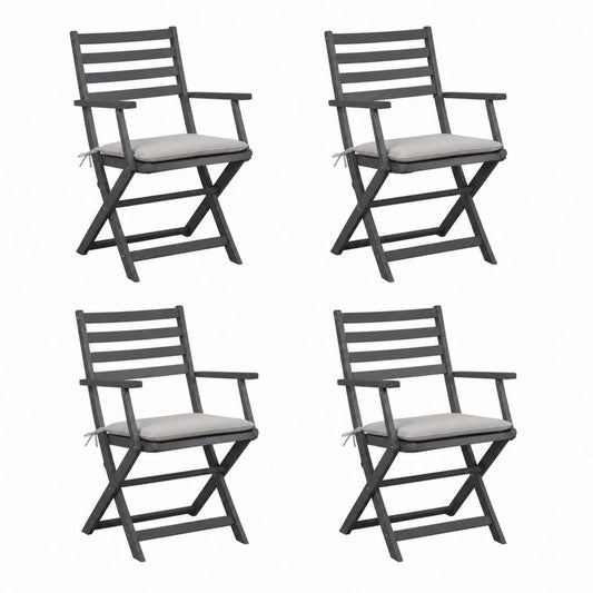 Lot de 4 chaises de jardin pliantes noires en bois massif avec coussins gris 54 x 58 x 88 cm