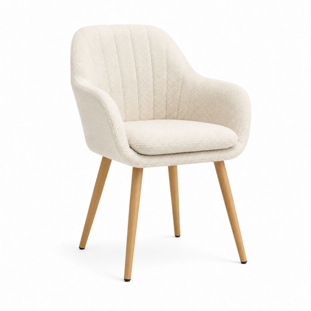 Fauteuil de salon enveloppant écru en polyester bouclette pieds en bois massif 60 x 61 x 82 cm
