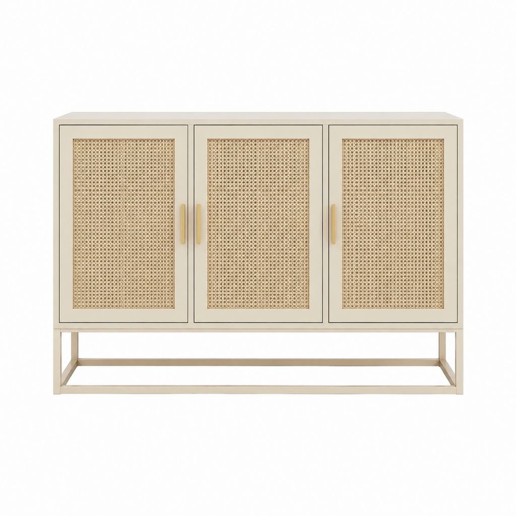 Buffet 3 portes beige en MDF et cannage de rotin 150 x 40 x 90 cm