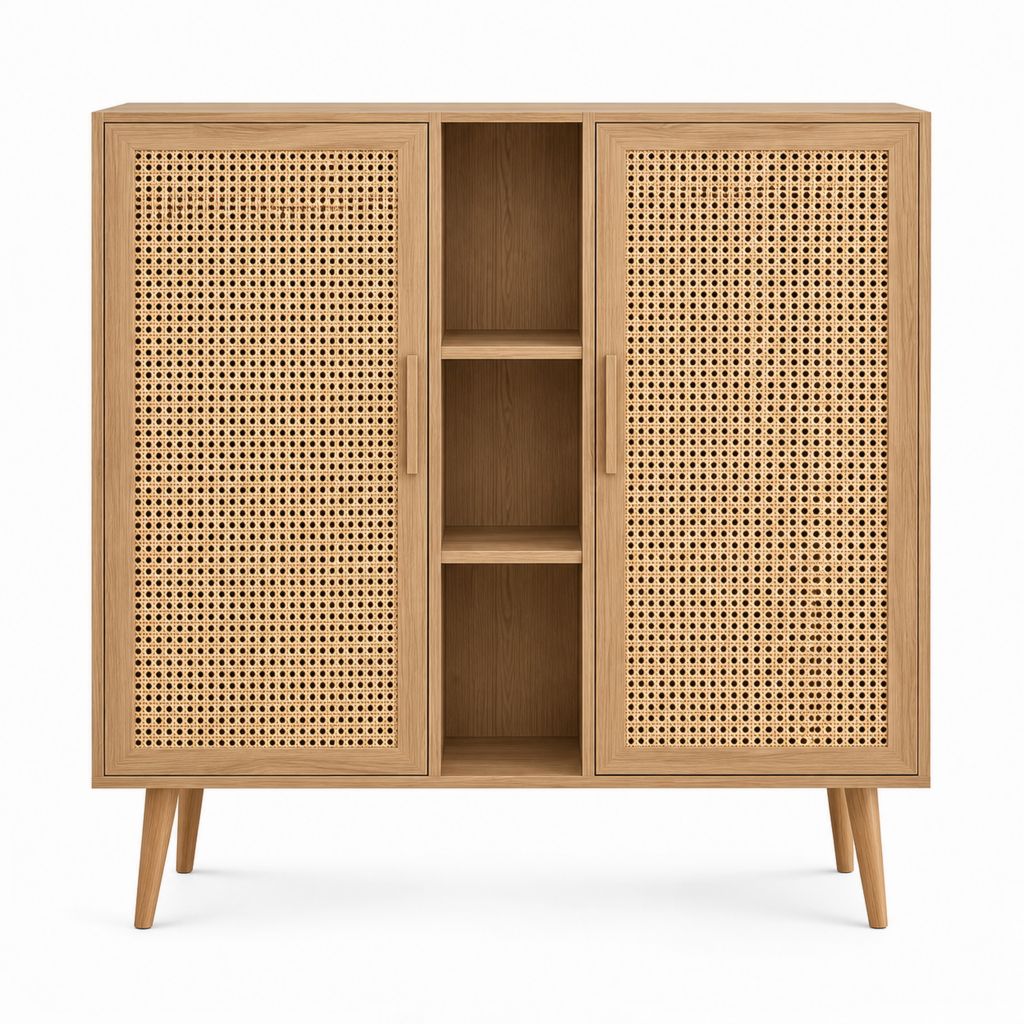 Buffet haut 2 portes en chêne naturel et cannage de rotin 120 x 40 x 140 cm