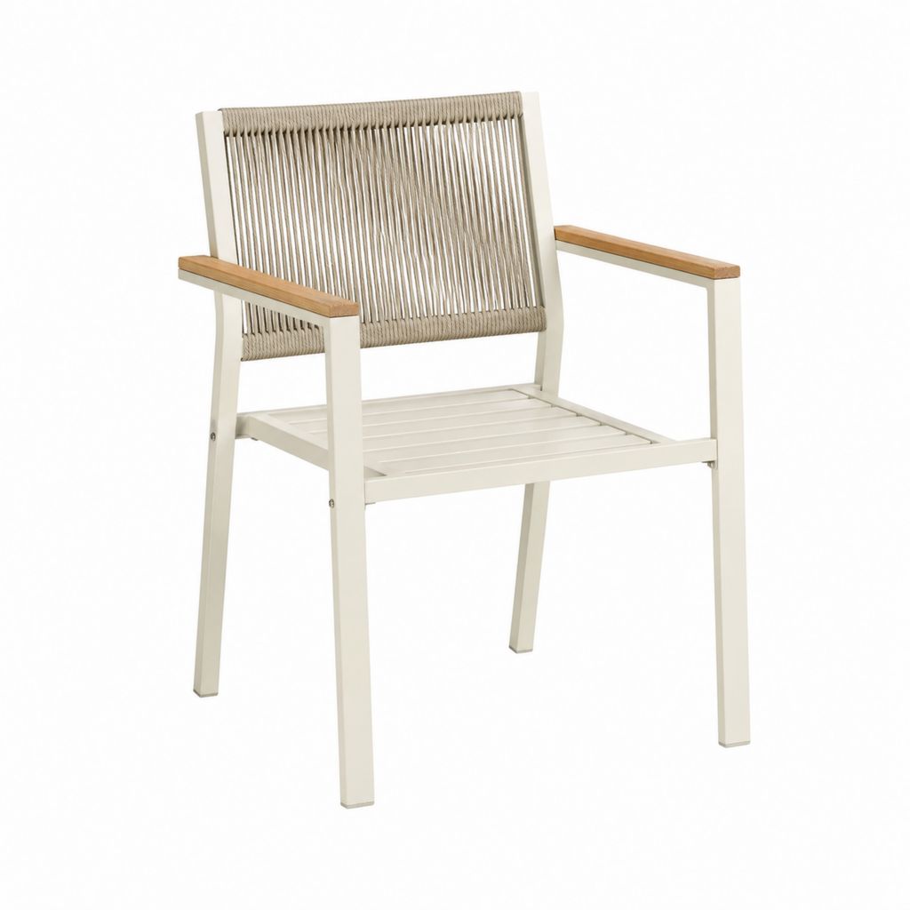 Fauteuil de jardin à accoudoirs blanc en aluminium corde polyester et teck 57 x 60 x 85 cm