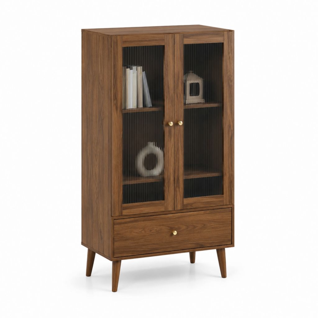 Vaisselier 2 portes en noyer massif et verre fumé strié 90 x 40 x 160 cm