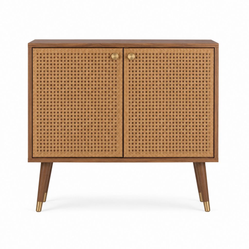 Buffet 2 portes en MDF plaqué noyer et rotin marron rectangulaire 80 x 40 x 100 cm