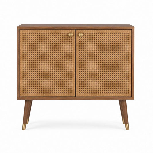 Buffet 2 portes en MDF plaqué noyer et rotin marron rectangulaire 80 x 40 x 100 cm