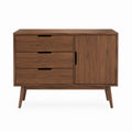 Buffet de salle à manger rectangulaire marron noyer en MDF plaqué noyer avec 3 tiroirs et 1 porte 120 x 40 x 85 cm