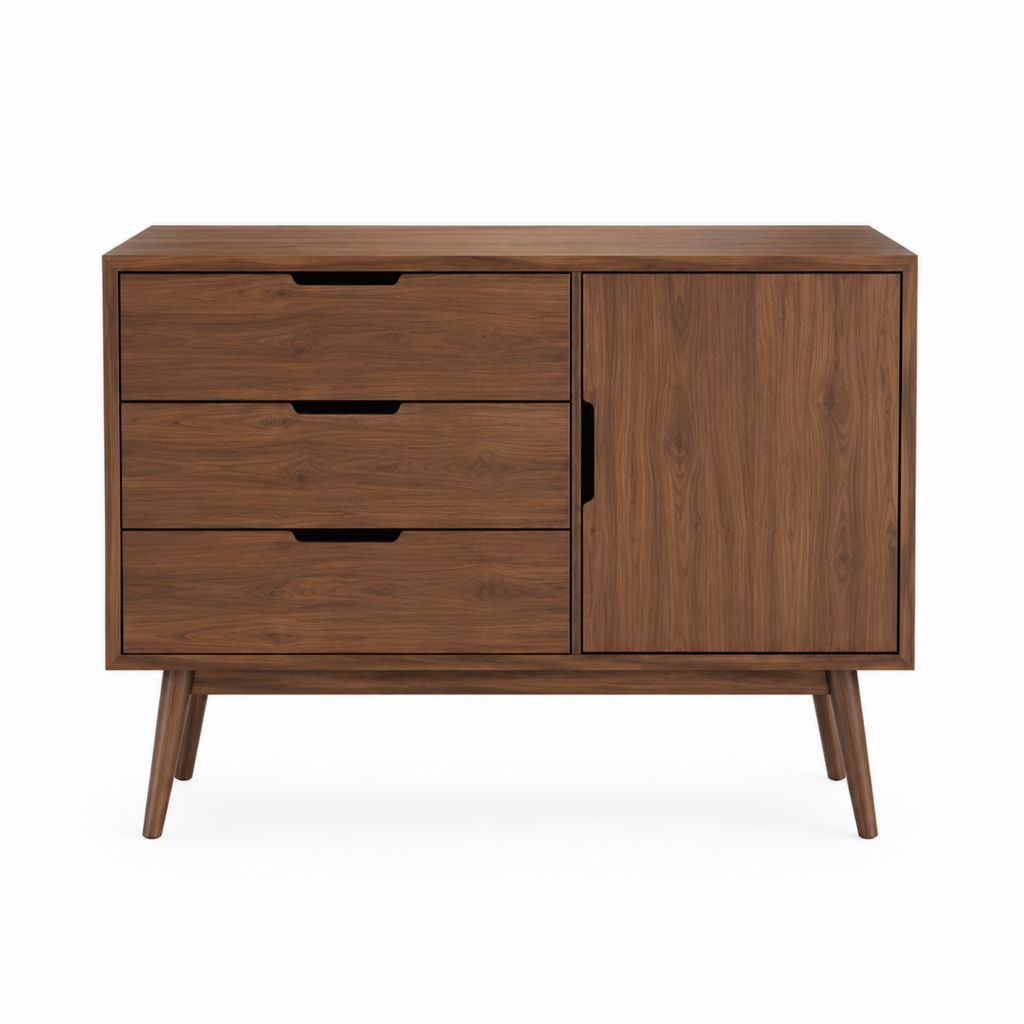 Buffet de salle à manger rectangulaire marron noyer en MDF plaqué noyer avec 3 tiroirs et 1 porte 120 x 40 x 85 cm
